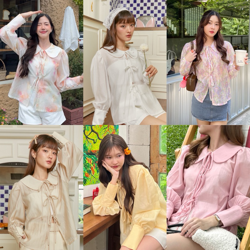 Puffypleats - เสื้อปกคอบัว แขนพองยาว ผ้าโปร่งเนื้อเงา ดีเทลโบว์ผูกด้านหน้า รุ่น JASMINE BLOUSE (เฉพาะเสื้อ)
