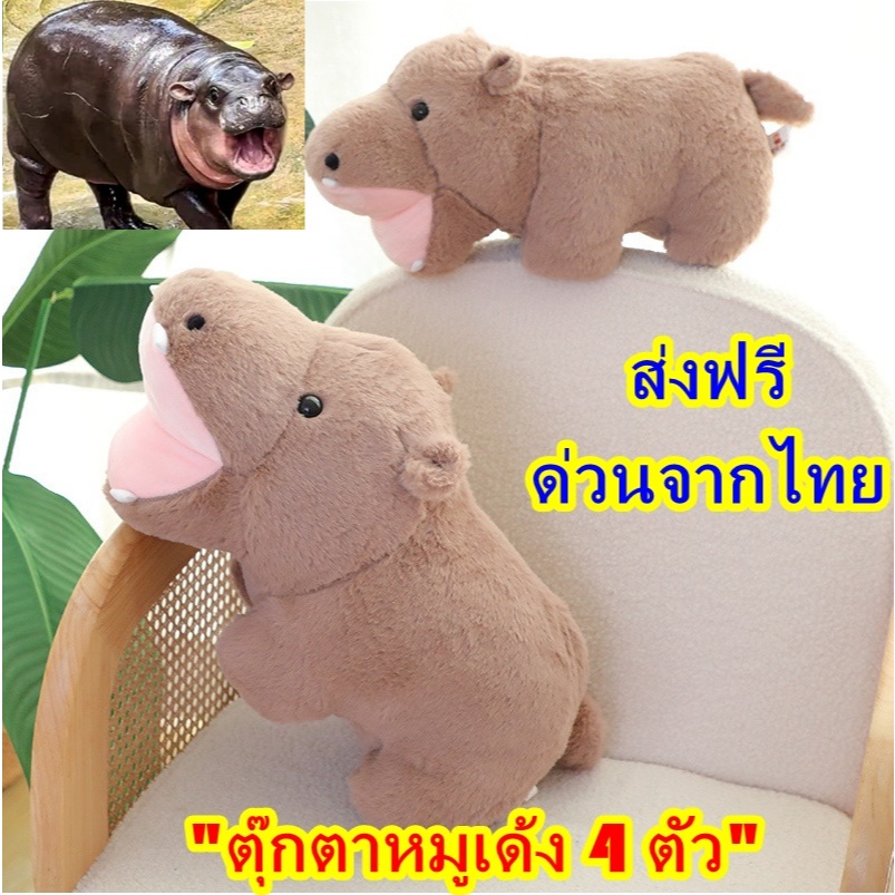 ตุ๊กตาหมูเด้ง 4 ตัว ลูก ฮิปโป แคระ ของเล่น เด็ก Toys สัตว์ หมูเด้ง Moo Deng ตุ๊กตา สวน สัตว์ เปิด เข