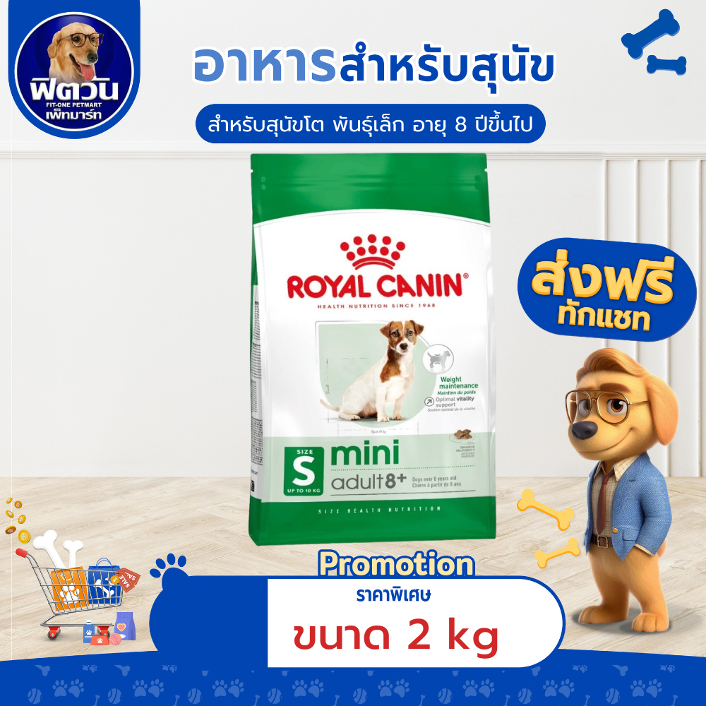 โรยัลคานิน Mini Adult 8+ ขนาด 2kg อาหารเม็ดสุนัขสูงวัย พันธุ์เล็ก อายุ 8 ปีขึ้นไป (Dry Dog Food, โรยัลคานิน)