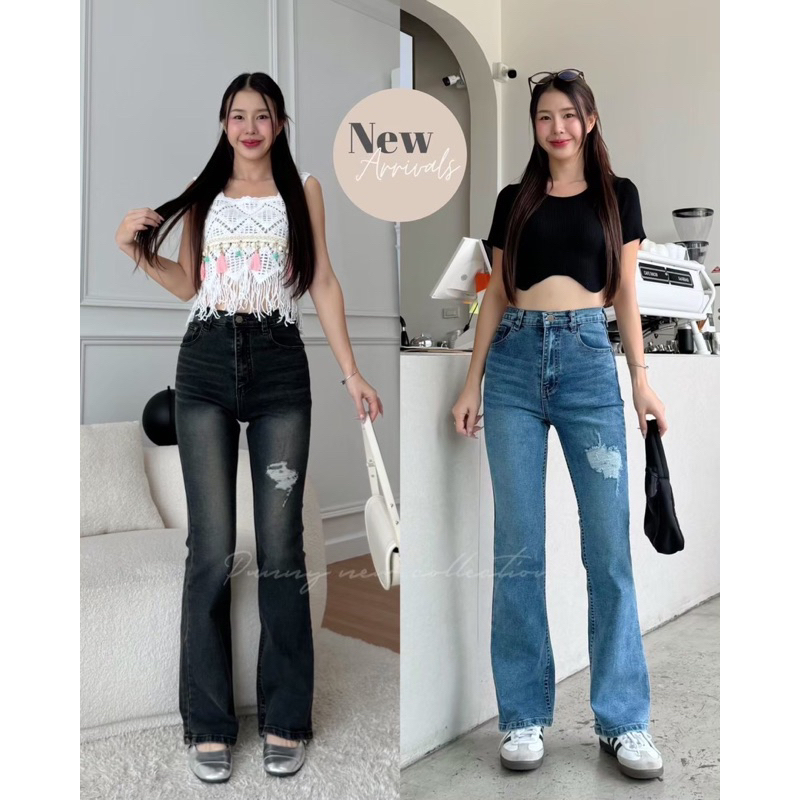 กางเกงยีนส์ทรงขาม้าผ้ายืด สกิดขาด1ข้าง เอวสูง บอกเลยฟอกสีได้สวยมาก (Punny)