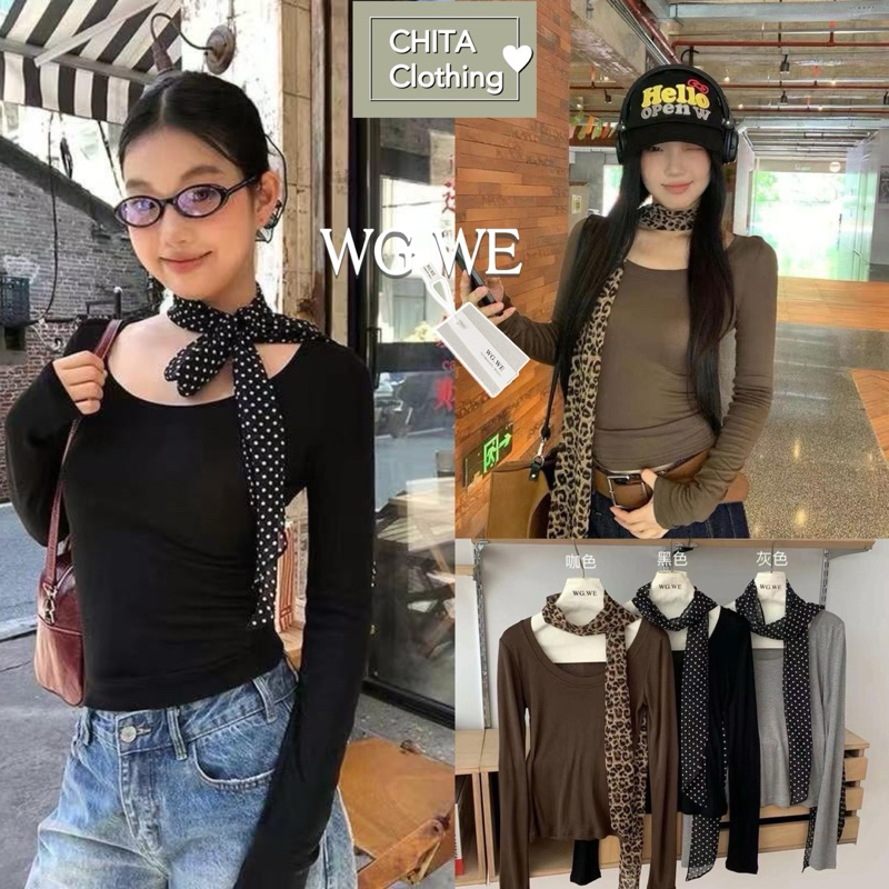 9953# เสื้อแขนยาวคอยู มาพร้อมเชือกไขว้คอ เนื้อผ้ายืดหยุ่นอย่างดี TAG:WG.WE