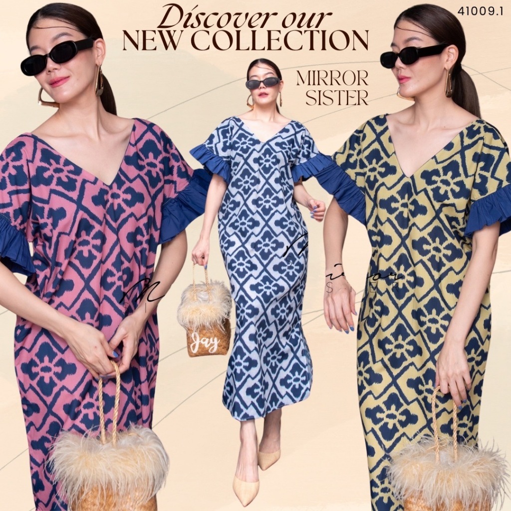 Mirrorsister 41009.1 เดรสทรงสวย easywear ลายกระเบื้องสวย โดดเด่นที่ช่วงแขนระบาย ทรงสวยใส่ง่าย ใส่สบาย