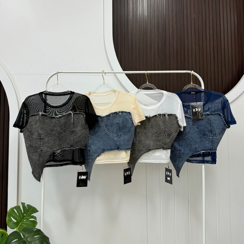 HOLLY JEANS TOP เสื้อซีทรูแต่งยีนส์เฉพาะด้านหน้า งานป้าย Y.P.Y สวยเท่สุดแซ่บ
