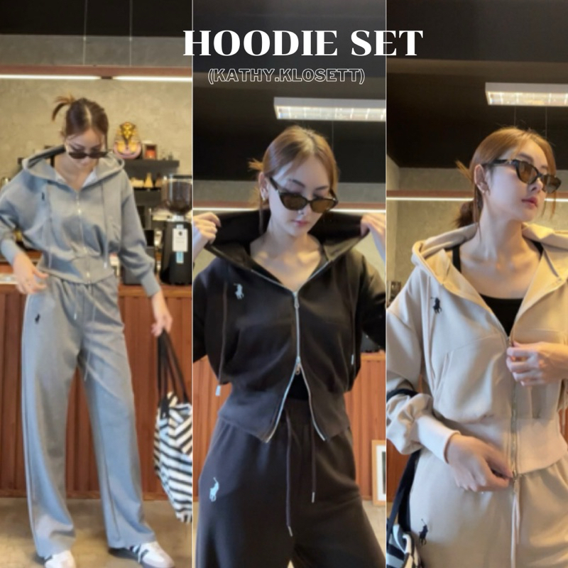 Basic hoodie (ปักม้า)-ชุดเซ็ตเสื้อ+กางเกง สีพื้นซิปหน้าสีพื้น