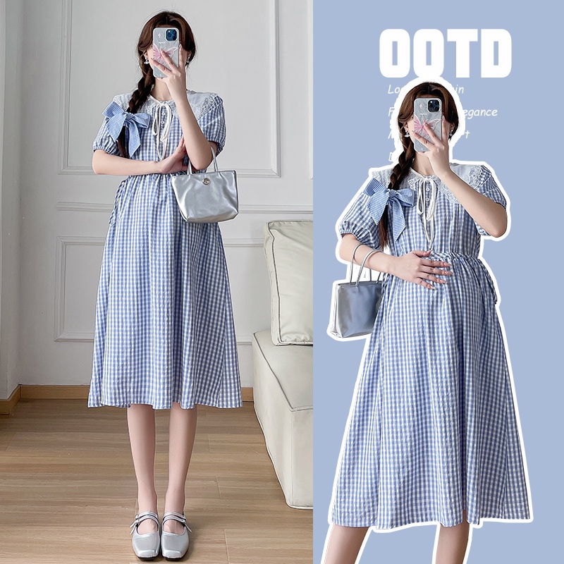 AA4437 ( ซิปให้นม + สายผูก + กระเป๋า ) ชุดเดรสคลุมท้องแฟชั่น ลายสก็อตสีฟ้า