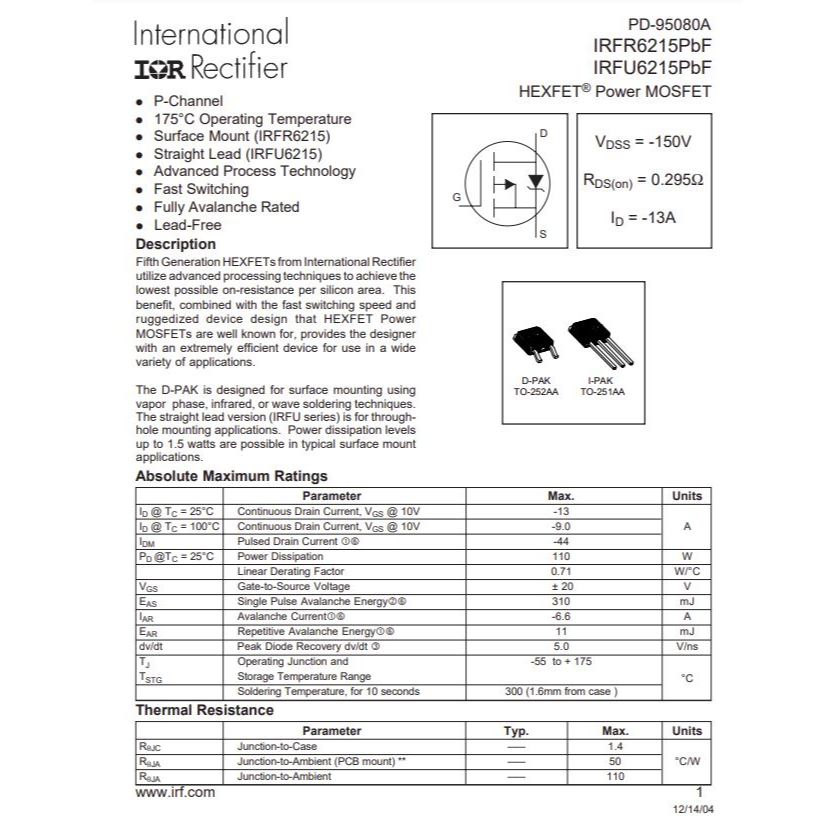 มอสเฟต IRFR6215TRPBF IRFR6215 (จำนวน 10ชิ้น) 150V 13A 110W TO-252 IR/INFINEON/VISHAY ของแท้