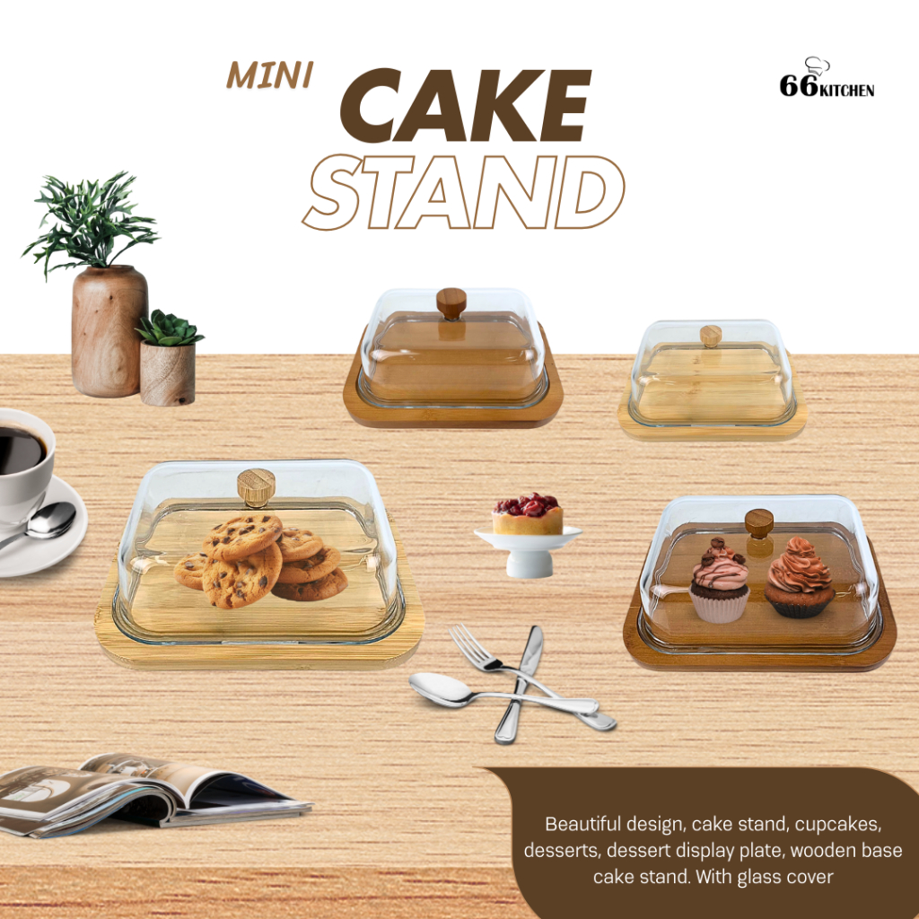 ถาดใส่เค้กมินิ โชว์เค้ก ขนม ของหวาน ตามร้านอาหารร้านคาเฟ่ งานจัดเลี้ยงปาร์ตี้ (ฐานไม้ ฝาครอบแก้ว)