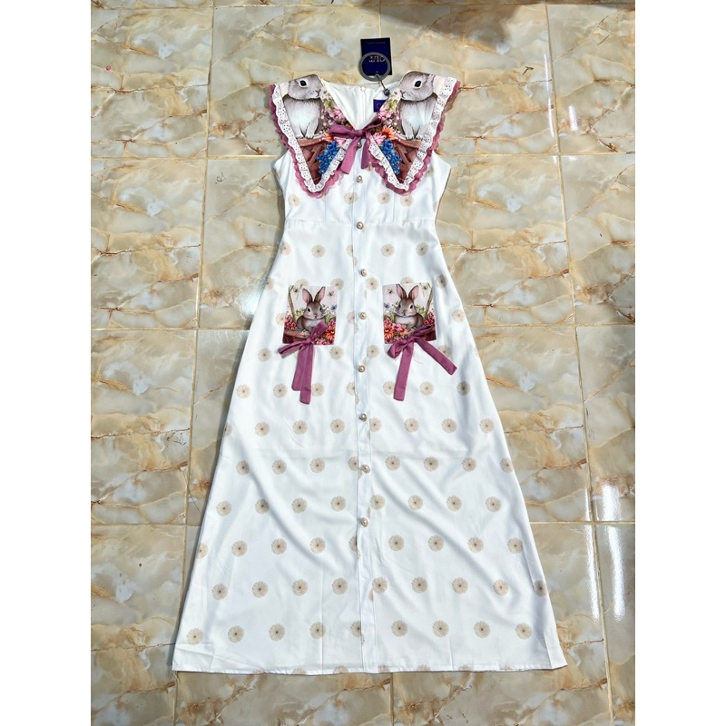(xl,3xl,6xl,7xl) เดรสยาว คอปก ลายกระต่าย น่ารัก งานป้าย chalita