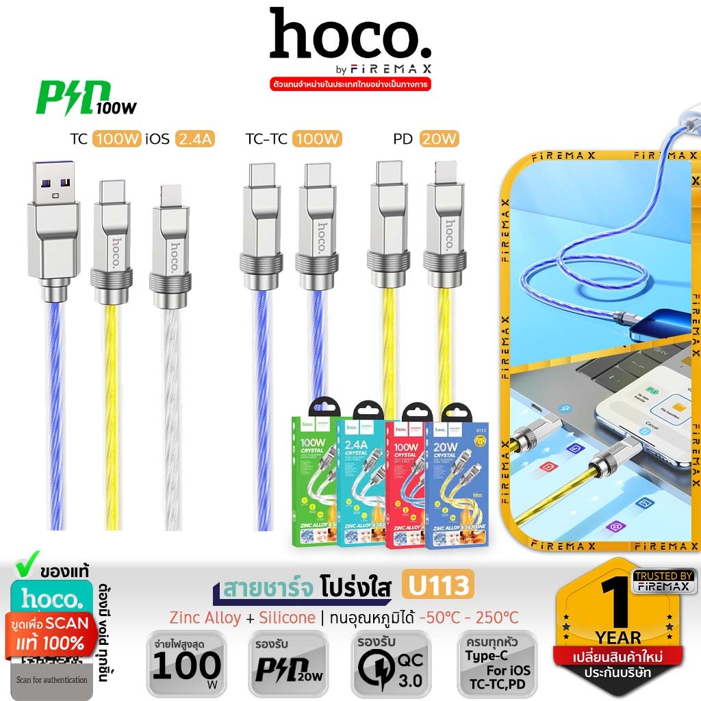 HOCO U113 สายชาร์จ ดีไซน์โปร่งใส ทนทานพิเศษ ชาร์จเร็ว 100W TC to TC, PD, iOS, Type-C ถ่ายโอนข้อมูลได้ สายชาร์จเร็ว hc1