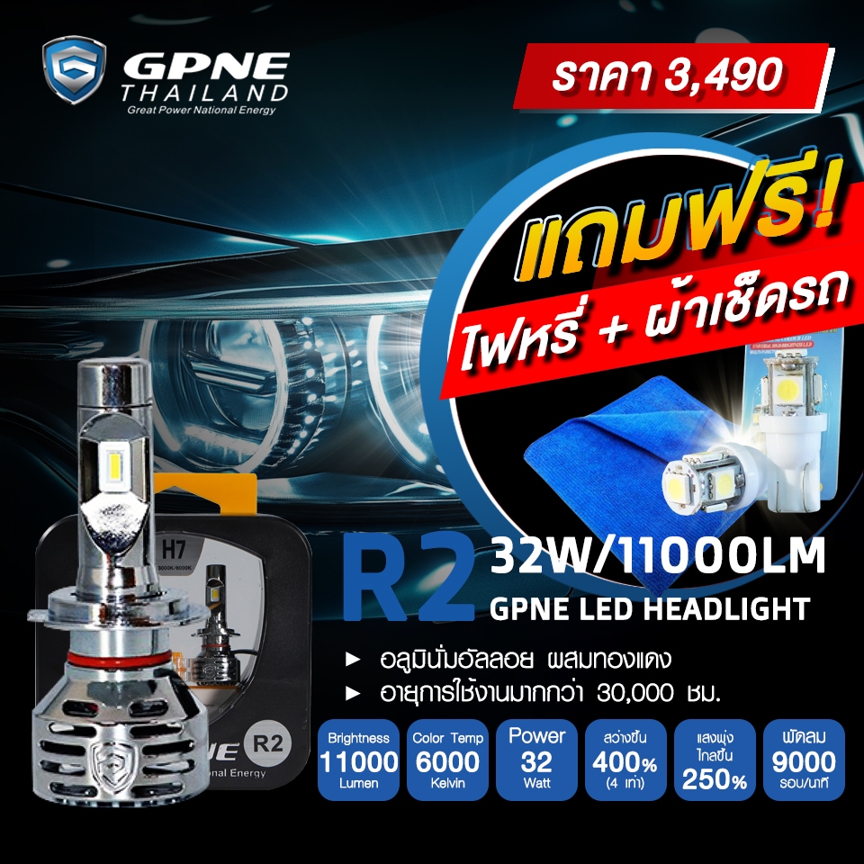 หลอดไฟหน้า LED แบรนด์ GPNE รุ่น R2 (32 วัตต์) 2 สีในหลอดเดียว ของแท้ 100% รับประกัน 3 ปี