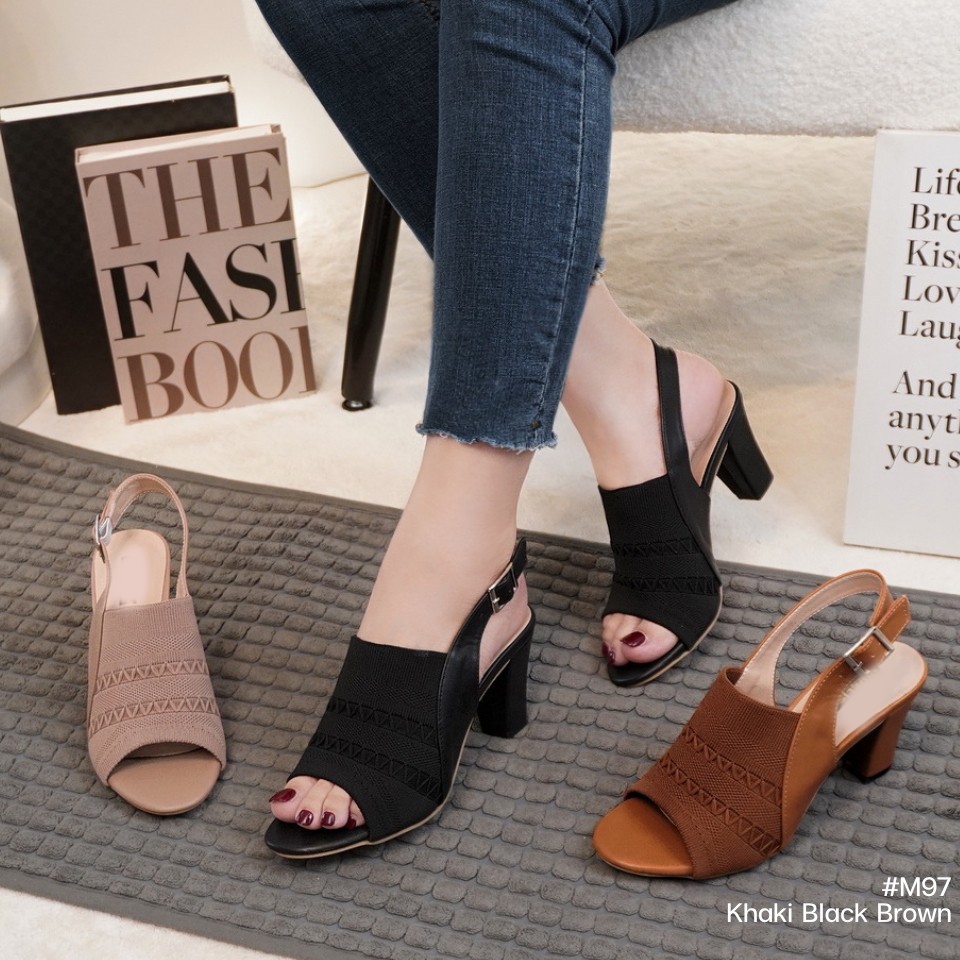 M97 รองเท้าส้นสูงรัดข้อ ผ้าทอมีความยืดหยุ่น