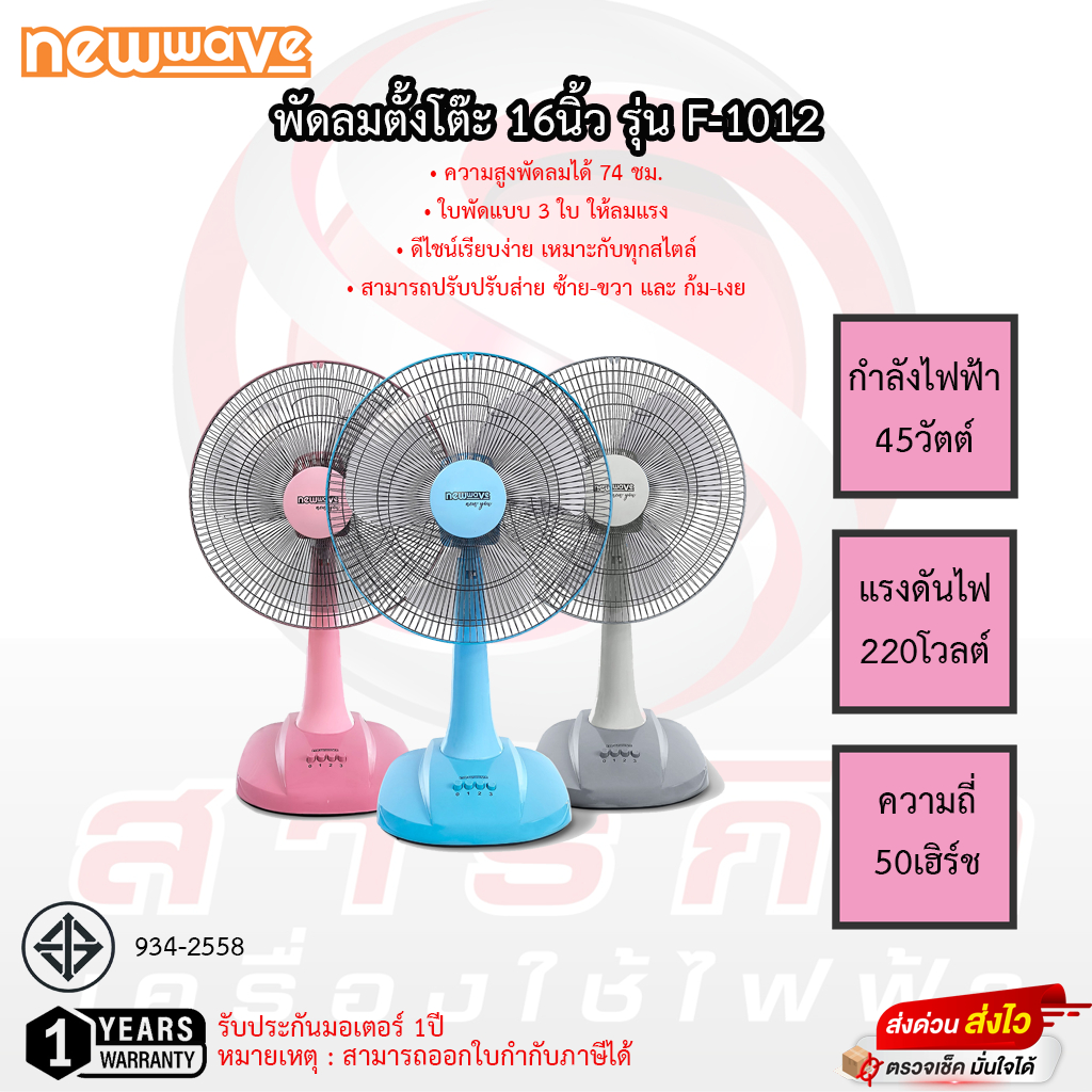 พัดลมตั้งโต๊ะ Newwave 16นิ้ว รุ่น F-1012 รับประกันมอเตอร์ 1ปี (สินค้าคละสี)