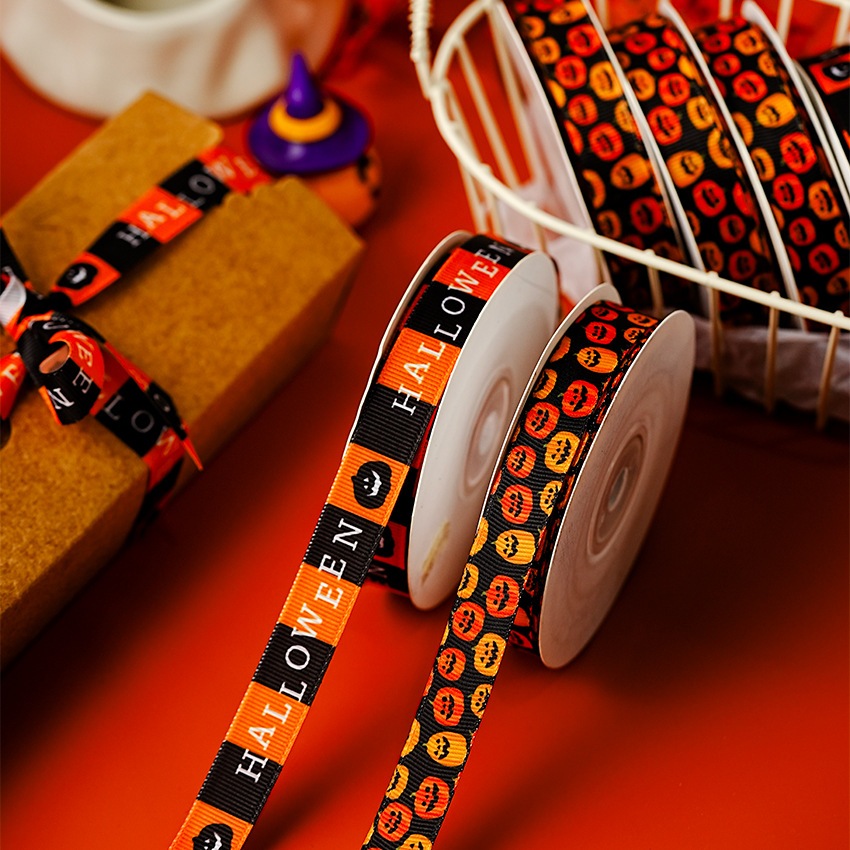 ริบบิ้นผ้าพิมพ์ลายธีมฮาโลวีน Halloween หน้ากว้าง 1.5 cm ยาว 22 m