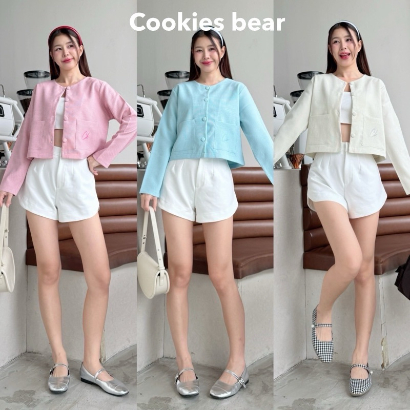 A105 - cookies bear ครอปแขนยาวผ้าทวิตเนื้อหนาไม่คันทรงคอกลมชายโค้ง