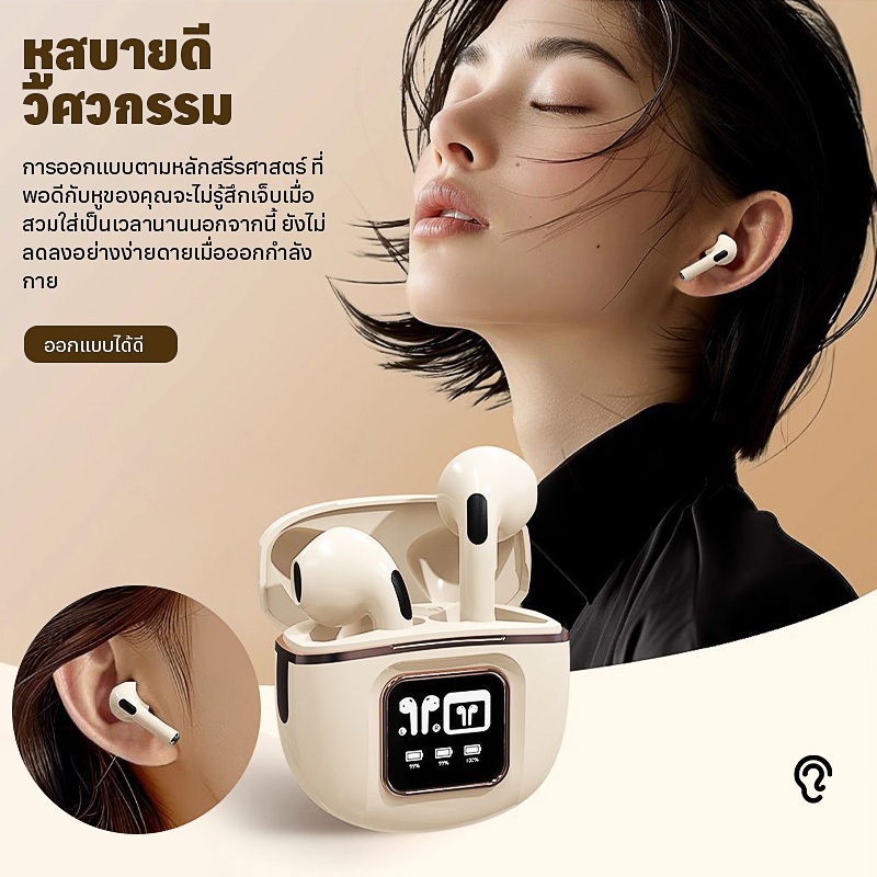 TWS J55 หูฟังไร้สายกึ่งในหูเบสหนัก HD จอแอลซีดีแบตเตอรี่จอแสดงผลลายนิ้วมือสัมผัส HD เสียงโทรต่ำหน่วงเกมหูฟังบลูทู ธ 5.3