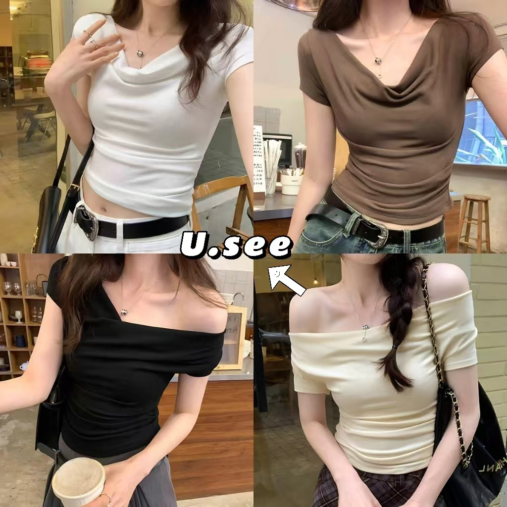 ครอปท็อป เสื้อเปิดไหล่ เซ็กซี่ ผ้านิ่ม การออกแบบพิเศษ#2268