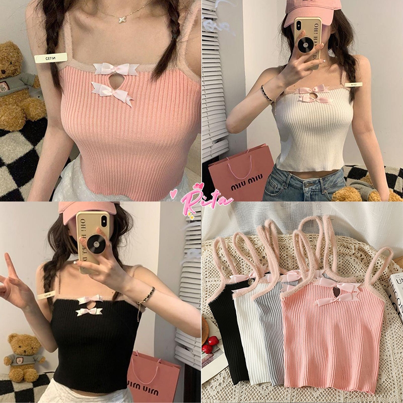 Rita พร้อมส่ง เสื้อสายเดี่ยว แต่งโปว์น่ารัก เสื้อเอวลอยผ้าไหมพรม ทรงครอปท๊อป เซ็กซี่แฟชั่นผู้หญิง สไตล์ เวียดนาม