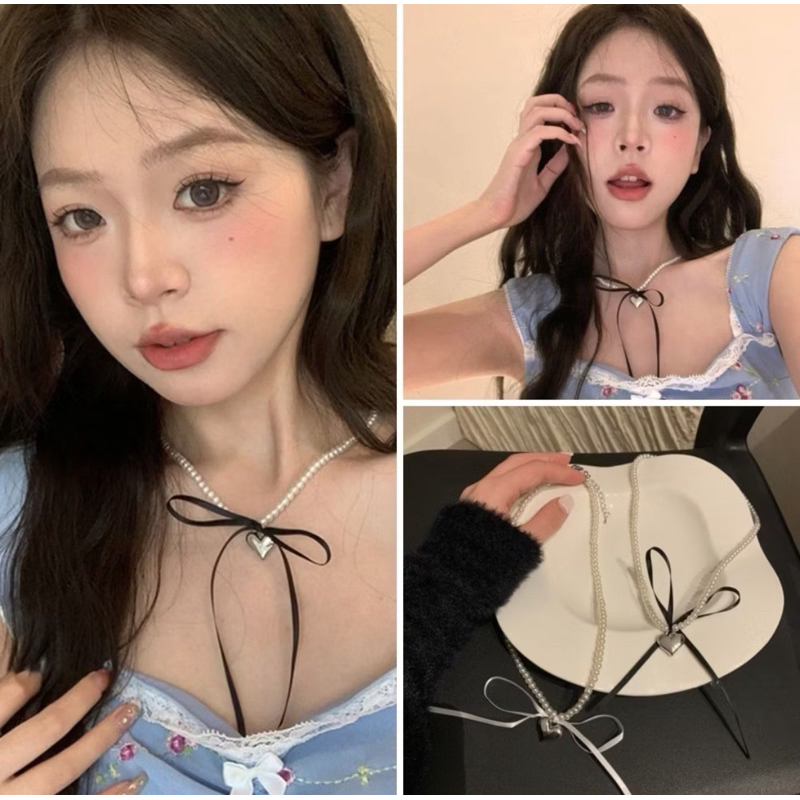 สร้อยไข่มุขหัวใจเงินแต่งโบว์ยาว พร้อมส่ง