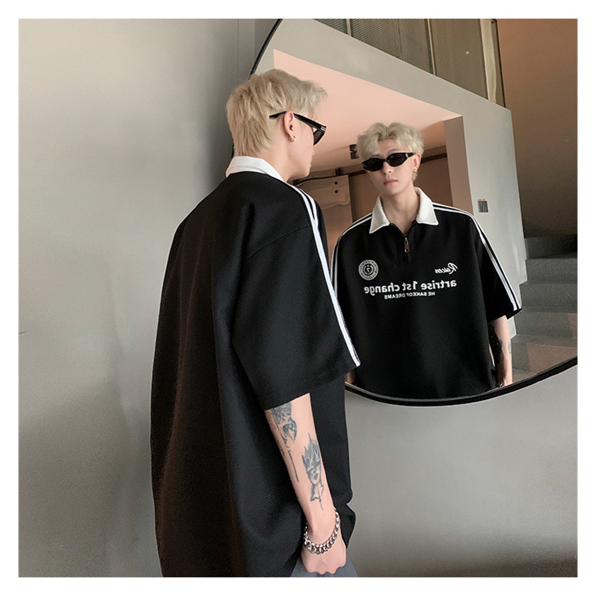 พร้อมส่งในไทย** เสื้อโปโลชาย อเมริกันหลวมคู่ลําลองวาฟเฟิลเสื้อโปโลแขนสั้น ซิปหน้า Y148