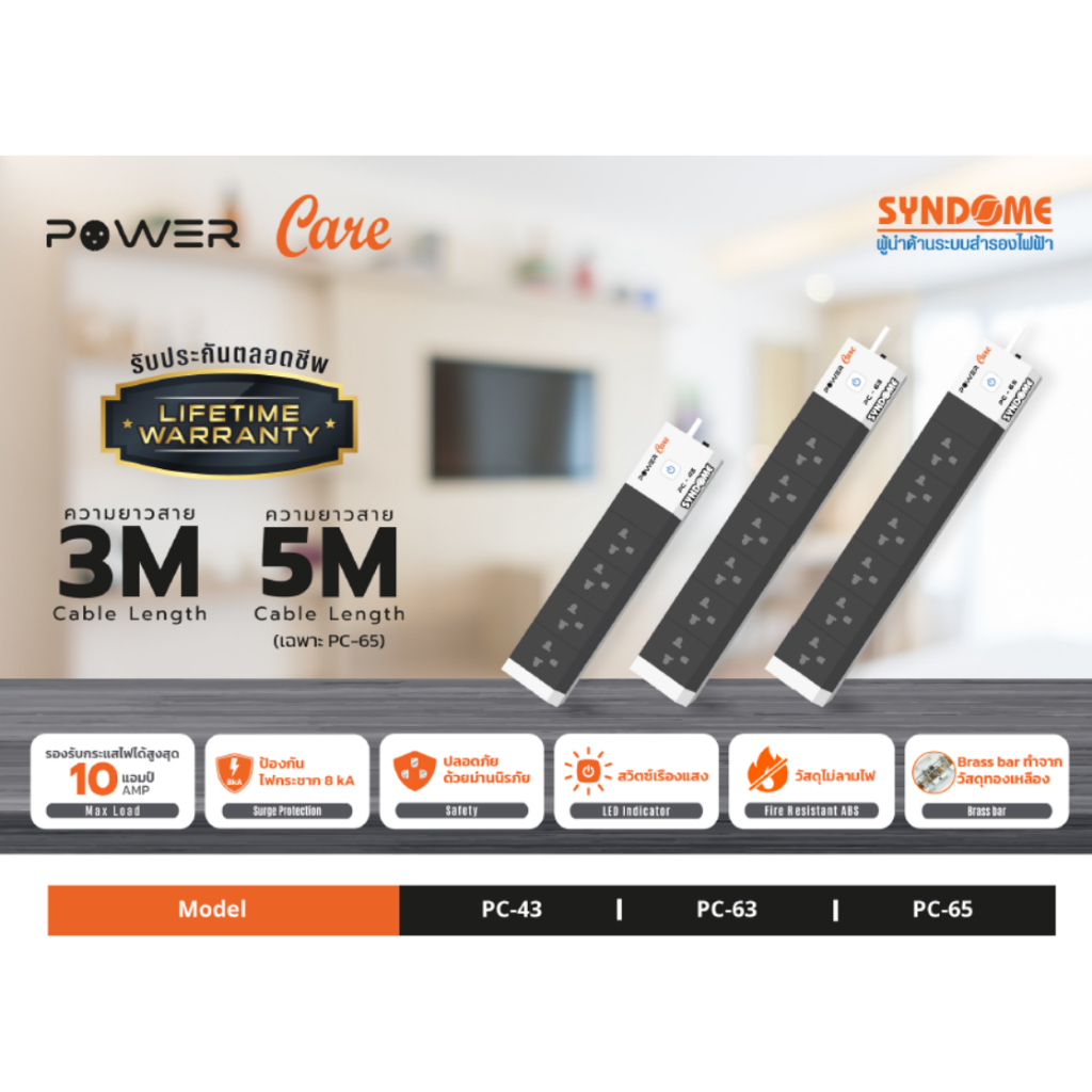 PLUG (ปลั๊กไฟ) SYNDOME ป้องกันไฟกระชาก 2500 Watt วัสดุไม่ลามไฟ 10 แอมป์(สูงสุด)- รับประกันตลอดชีพ เสียเปลี่ยนใหม่ให้