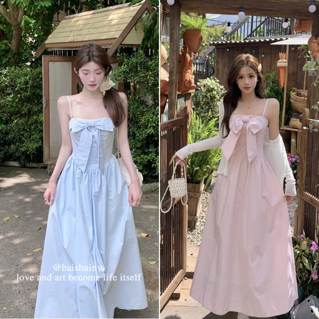 cherryshop พร้อมส่ง ชุดเดรสผู้หญิง เดรสสายเดี่ยวเซ็กซี่ ดีไซน์เก๋ไก้ แต่งโบว์ สง่างามย้อนยุค สไตล์ฝรั่งเศส