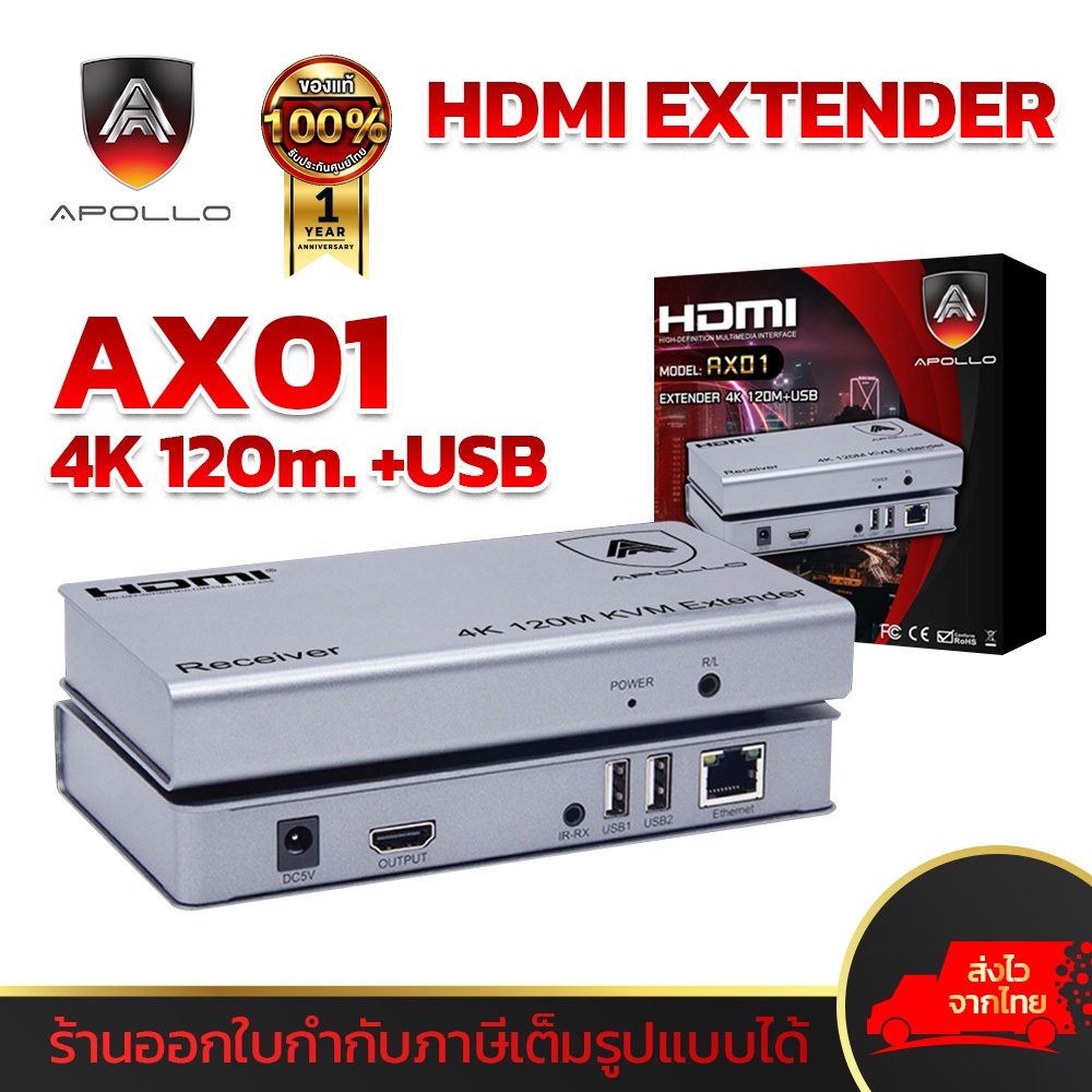 APOLLO AX01 HDMI Extender 4K ระยะส่ง 120M +USB กล่องแปลง HDMI เป็นสายLAN HDMI to LAN