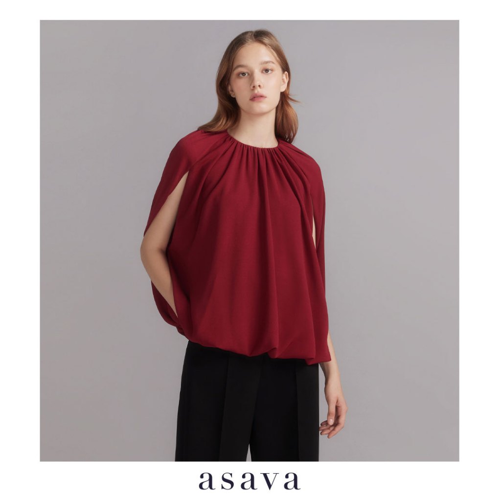 [asava aw23] Harper Cape Sleeve Blouse เสื้อผู้หญิง คอกลม ทรงโคคูน แขนเคป แต่งดีเทลรูดด้านหน้า แต่งวอลลุ่มที่ชาย ซิปหลัง