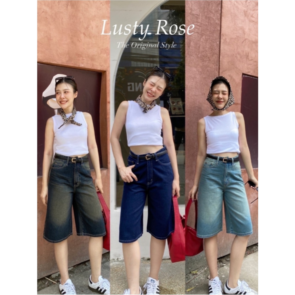 BabarryStyle - Lusty Rose กางเกงขาสั้น ยีนส์ 5 ส่วน เอวสูง เท่ห์มีสไตล์ ผ้าไม่ยืด