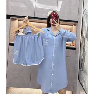 พร้อมส่ง🫐ชุดนอนผู้หญิง กระโปรงแขนยาว+กางเกง ผ้าไหมอิตาลี ผ้า…