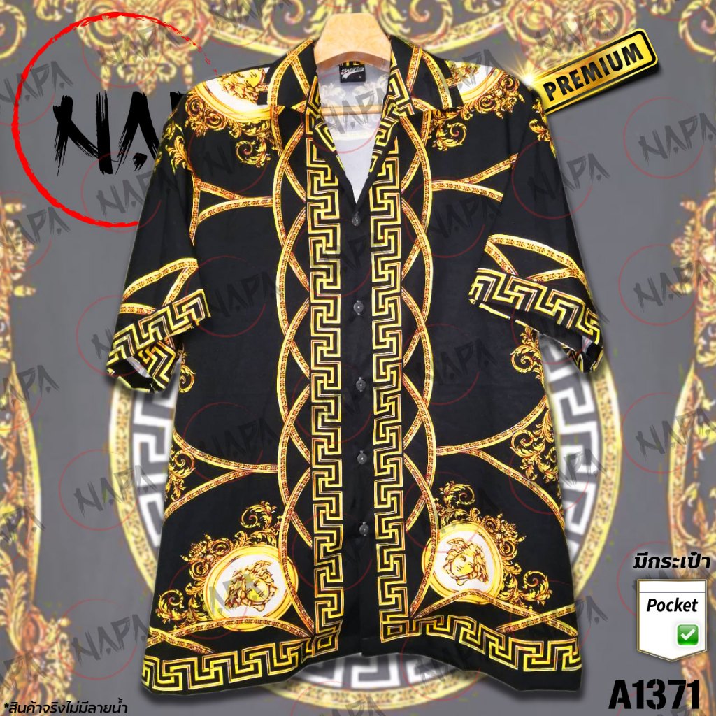 เสื้อฮาวาย เสี่ยโค้งกลางสลับพื้นดำ A1371 ผ้าไหมอิตาลีแท้