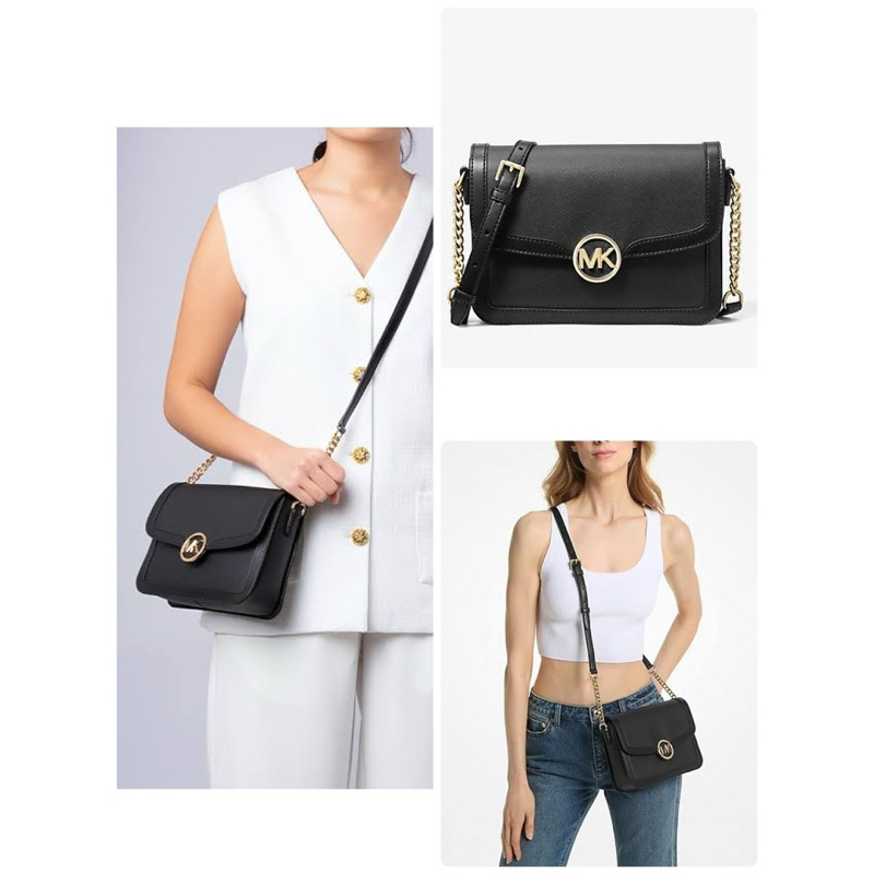 กระเป๋าสะพายข้าง Michael Kors Leida Medium Signature Logo  Shoulder Bag หนังสีดำ 9 นิ้ว