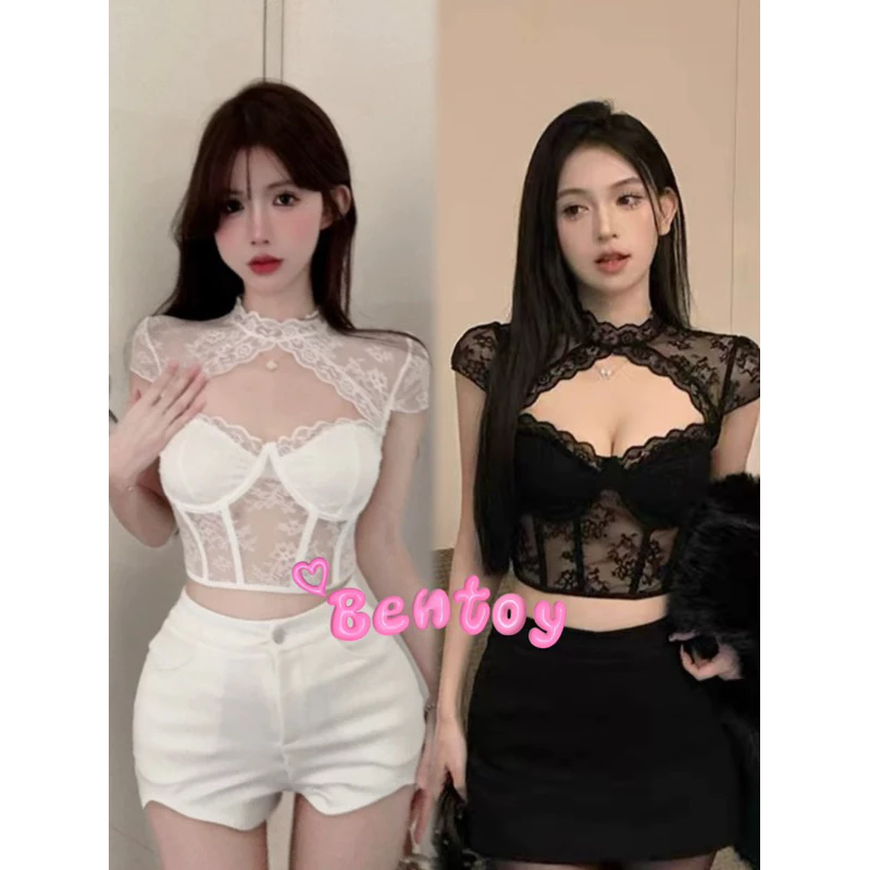 bentoy(bratop1901NEW)เสื้อลูกไม้เซ็กซี่ ฟองน้ำในตัว รัดรูป ทรงสวย คอเต่าลูกไม้