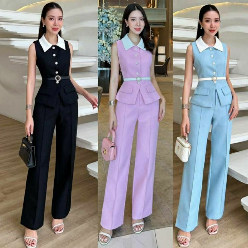 (S-L)CHARISSA พร้อมส่ง เซทเสื้อคอปกขาวแขนกุด+กางเกงขายาว+เข็มขัดกระดุมลายดอกไม้มีซับในอย่างดี