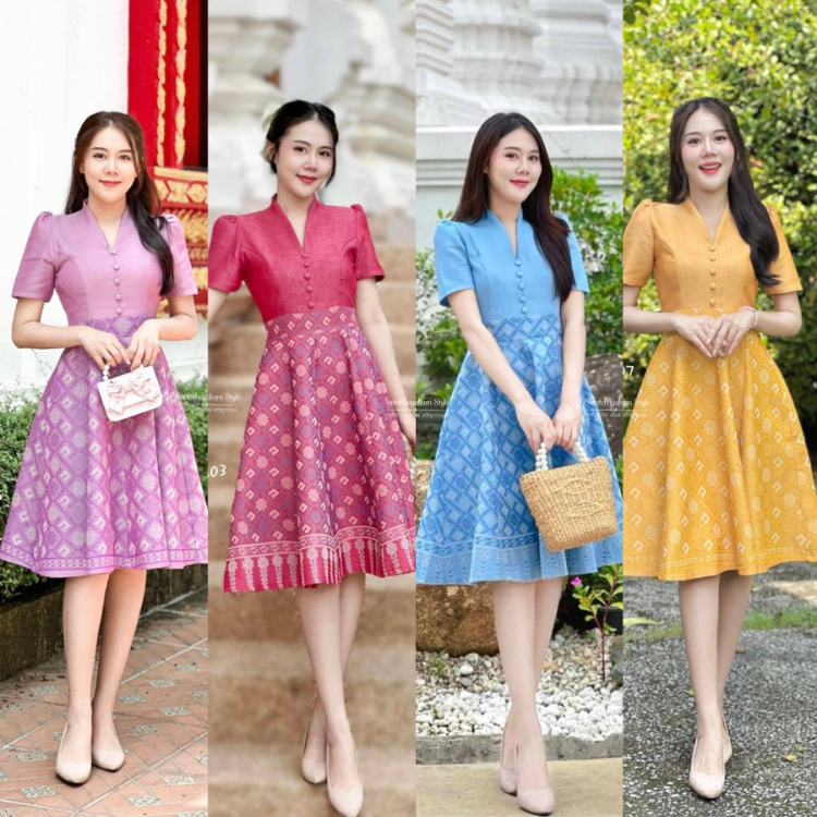 ชุดเดรสผ้าไทย ชุดเดรสผ้าทอลาย ลายสิริวชิราภรณ์ คอปีน แต่งกระดุมหน้า งานสวยหรูหรามากแม่