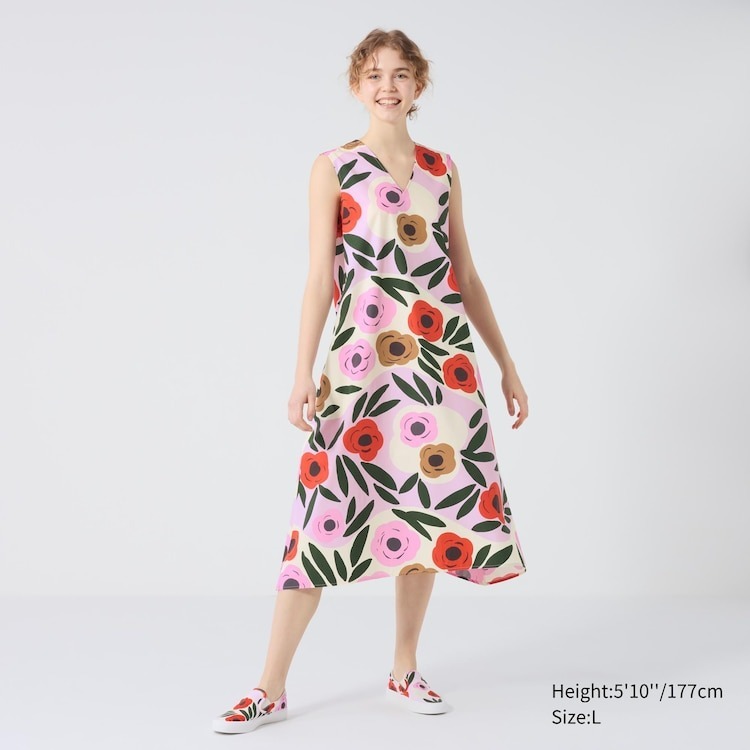 (มีโค้ดส่วนลด กดสั่งในวิดีโอ) UNIQLO x MARIMEKKO ชุดเดรส คอวี แขนกุด ผ้าคอตตอน 100%
