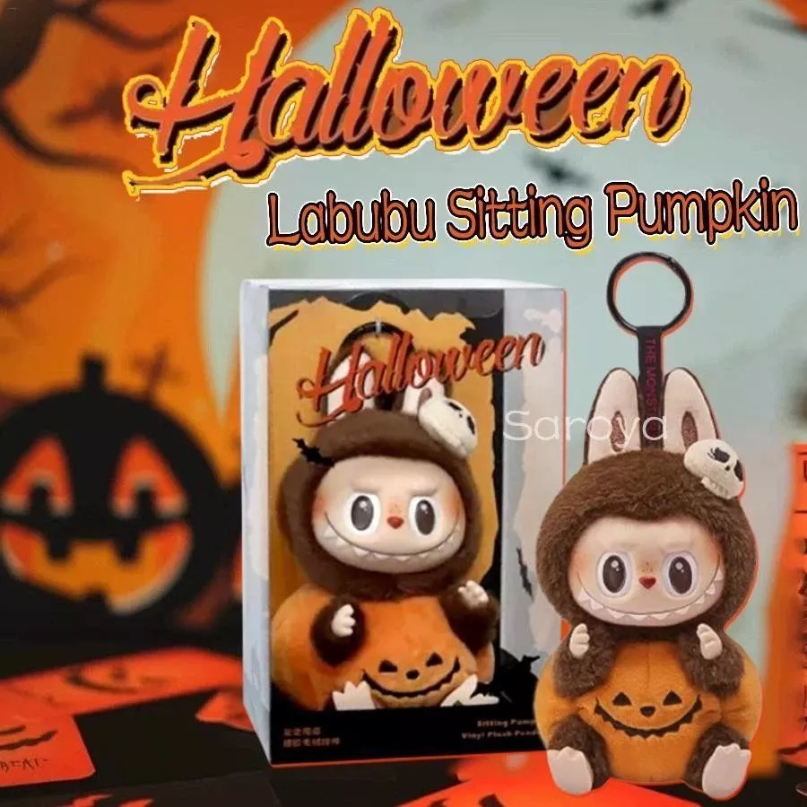 100% มีจำนวนจำกัด POP MART Labubu Halloween Carnival Series นั่งฟักทองไวนิลตุ๊กตาจี้ของขวัญ จี้ตุ๊กตาน่ารักของแท้