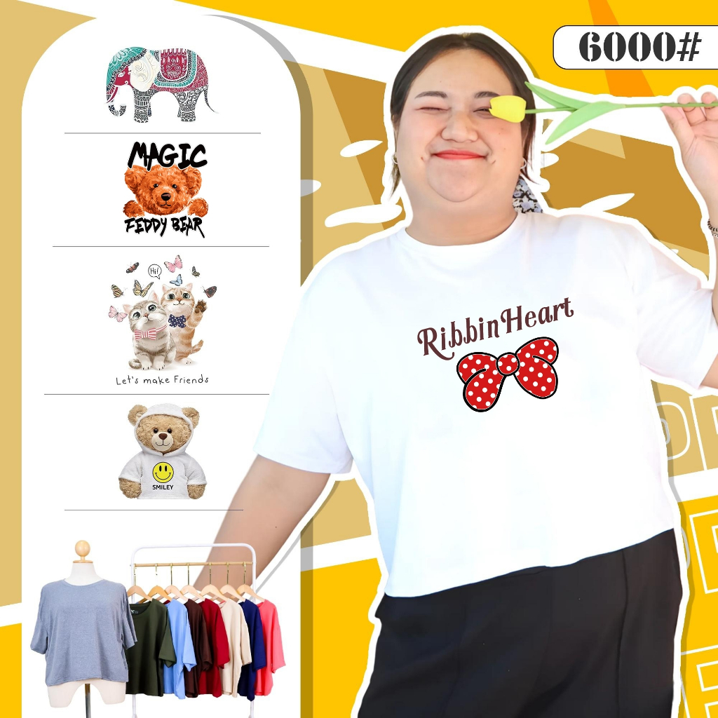 เสื้อยืด คอกลม แขนสั้น ทรงครอป ไซส์ใหญ่ 6XL อกหน้าผ้า 50 นิ้ว ผ้าคอตตอนผสม สกรีนลายการ์ตูน 6000-link2#