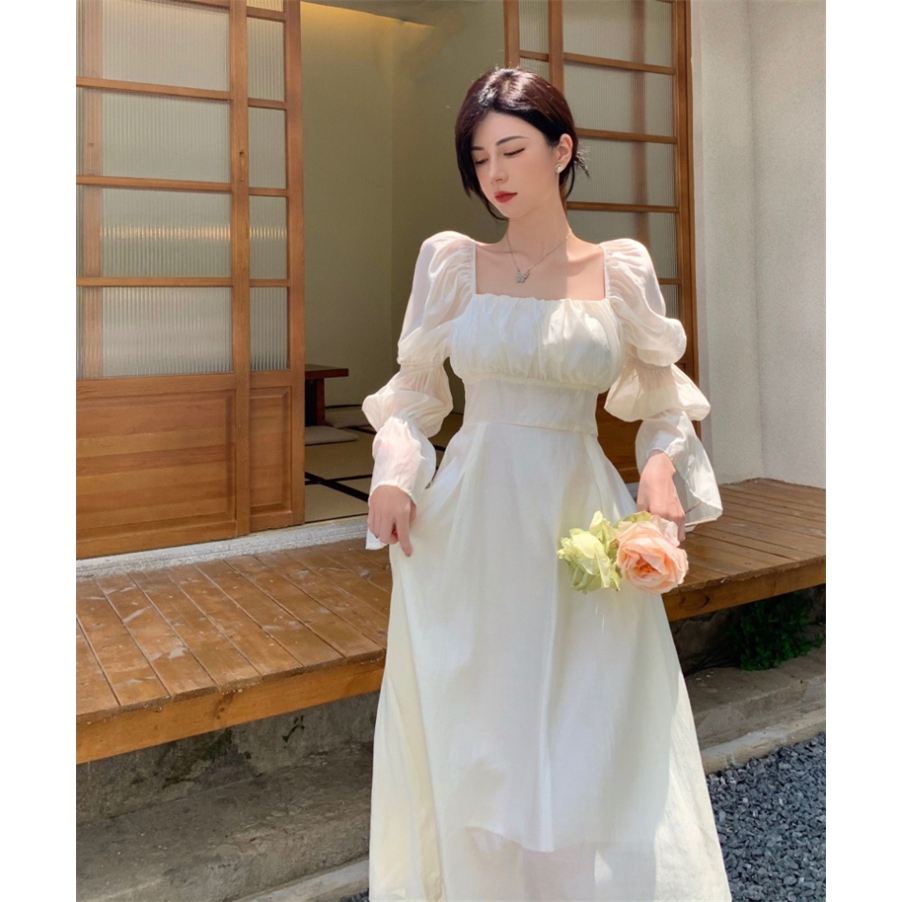 👗เดรสฝรั่งเศส🎀 เดรสแขนพอง คอเหลี่ยมฝรั่งเศส ทรงโบว์หลัง กระโปรงยาว