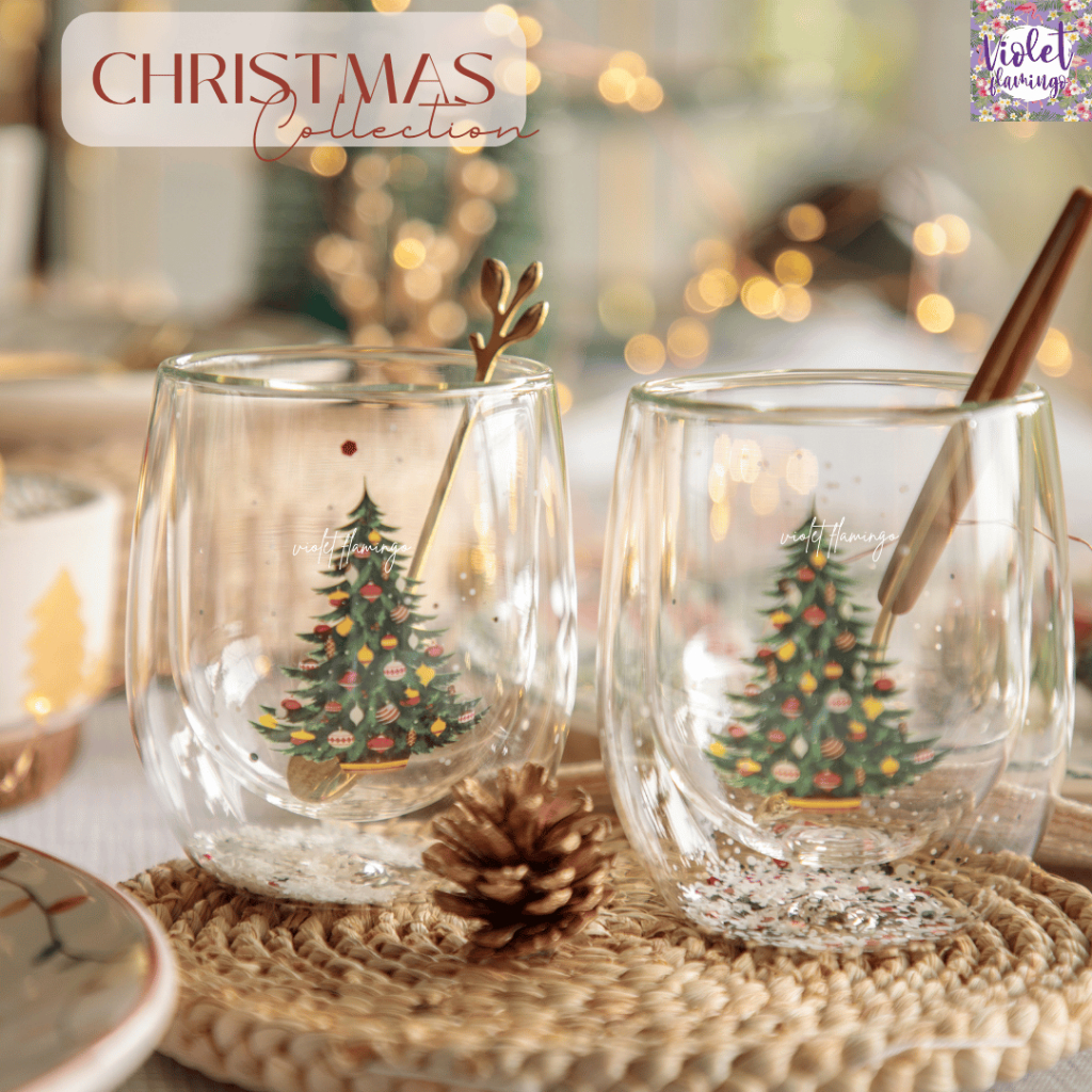 Violet Flamingo [พร้อมส่งจากไทย] แก้วใสลายต้นคริสมาสต์ Christmas Glass แก้ว 2 ชั้น เหมาะสำหรับเป็นของขวัญปีใหม่