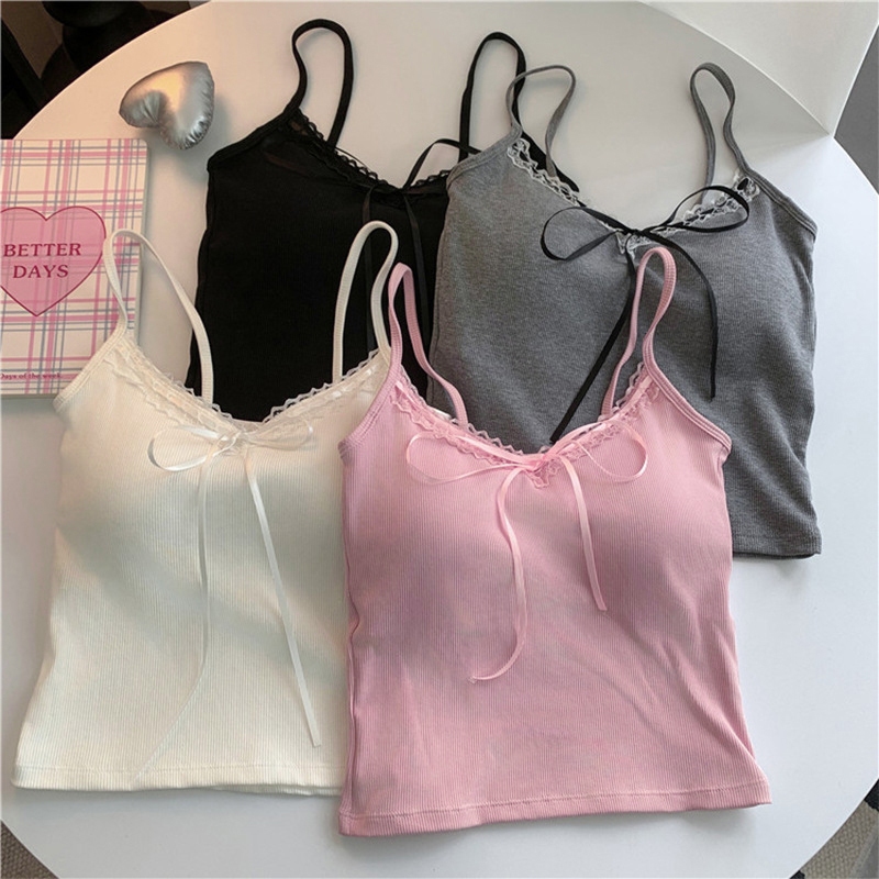 โบว์ขอบลูกไม้ Camisole ผู้หญิงฤดูร้อนอินเทรนด์ Slim FITTING TOP สาวเผ็ดสั้น DL