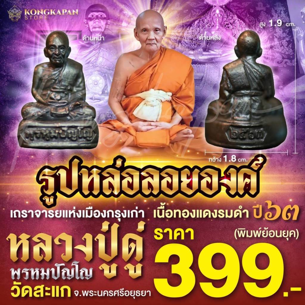 รูปหล่อลอยองค์ เนื้อทองแดงรมดำ ปี 63 หลวงปู่ดู่ พรหมปัญโญ วัดสะแก จ.พระนครศรีอยุธยา