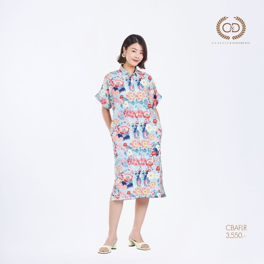C&D เดรส Japanese Poppy ติดกระดุมหน้า แขนสั้น สีเขียวอมฟ้า CBAFLR