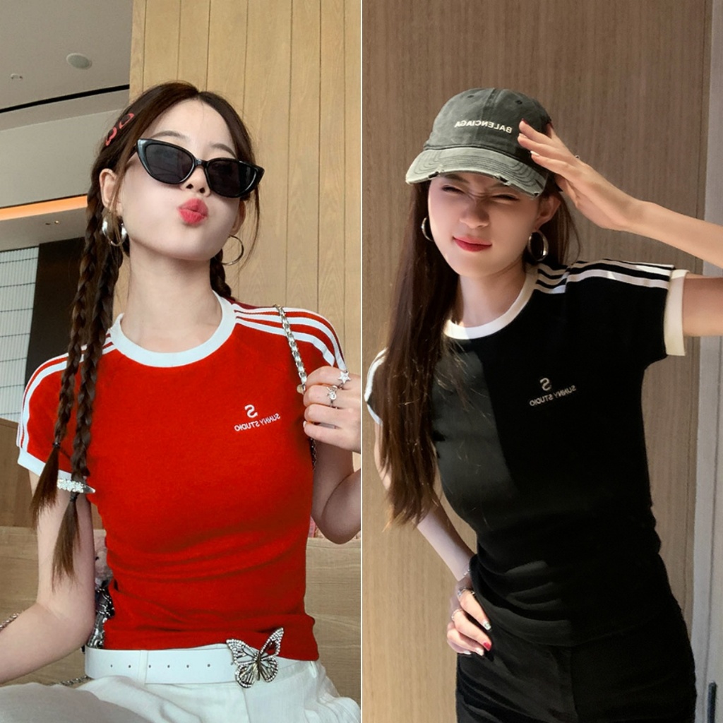 cherryshop พร้อมส่ง เสื้อยืดรัดรูปผู้หญิง เสื้อคอกลมแฟชั่น แขนสั้นพิมพ์ลาย ย้อนยุคการประกบ สไตล์อเมริกัน