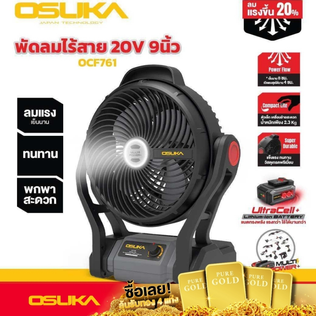 รุ่นใหม่2024 แรงขึ้นอีก20% พัดลมไร้สาย Osuka OCF761 20V ขนาด 9" พัดลมแบตเตอรี่ พัดลม พัดลมพกพา Camping พัดลมตั้งโต๊ะ
