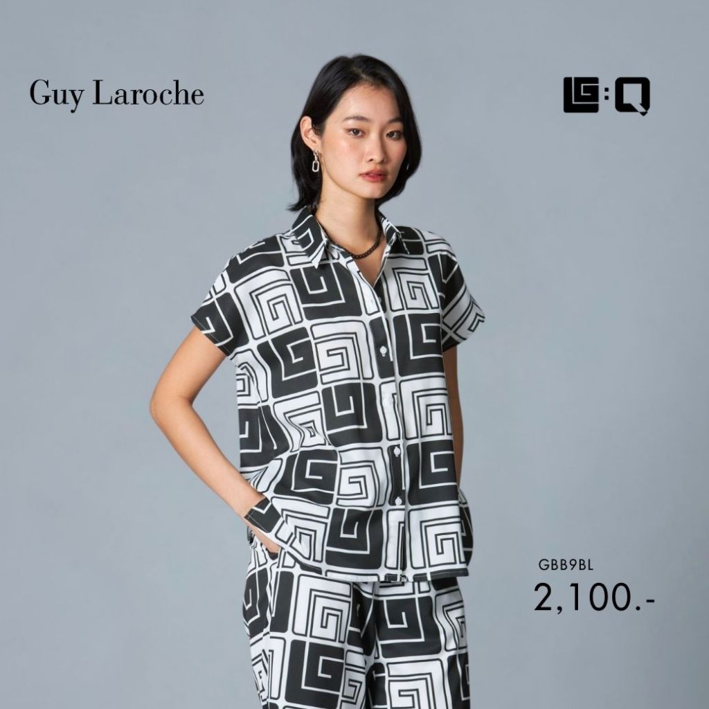 Guy Laroche เสื้อเชิ๊ตแขนล้ำ Black Logo สีดำขาว GBB9BL