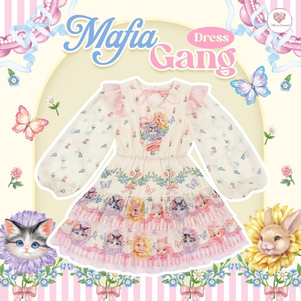 (มี 3XL) Mafia Gang Dress เดรสสั้นผ้าชีฟองพิมพ์ลาย แขนยาวปลายสม็อค คอวี มีเชือกผูกโบว์ เอวมีสม็อค กระโปรงแต่งเลเยอร์