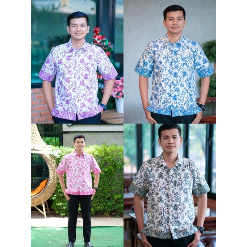 #เสื้อผ้าไทยเชิ้ตผู้ชายสีฟ้างานอัดกาว ผ้าคอตตอนลายตะขอและลายดอกไม้ #เชิ้ตผู้ชาย เสื้อคอปก เนื้อผ้าคอตตอน อัดกาวทั้งตัว