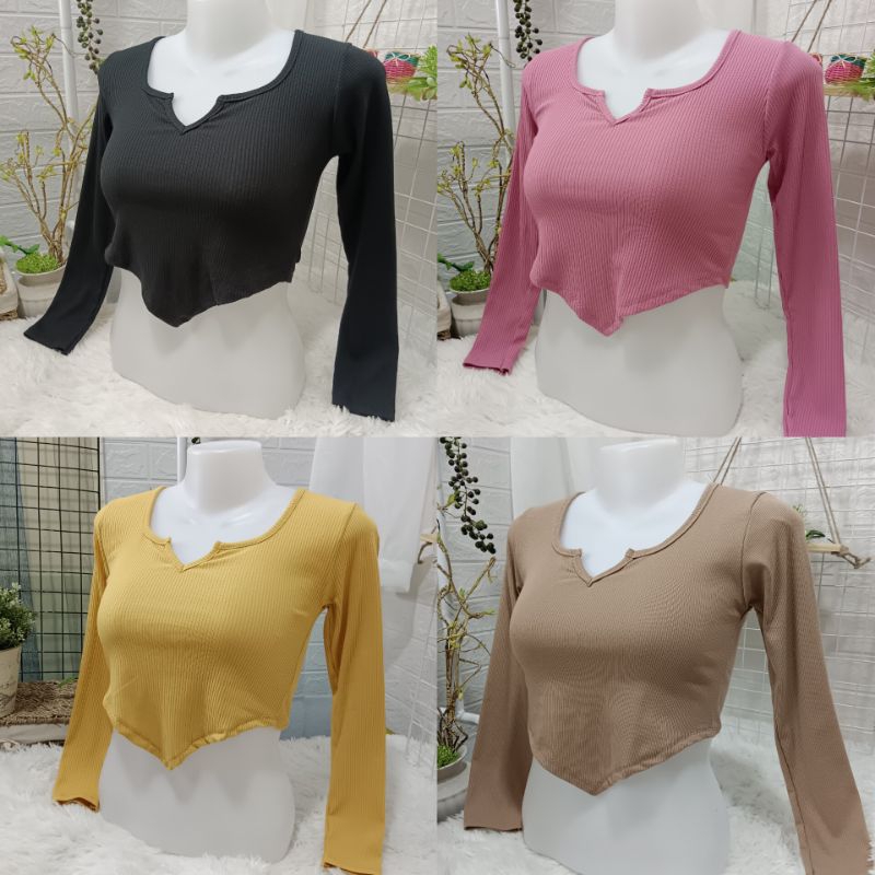 (S240) เสื้อยืดครอป คอวีเว้า แขนยาว ผ้าร่อง นุ่มยืด ใส่สบาย ผู้หญิง