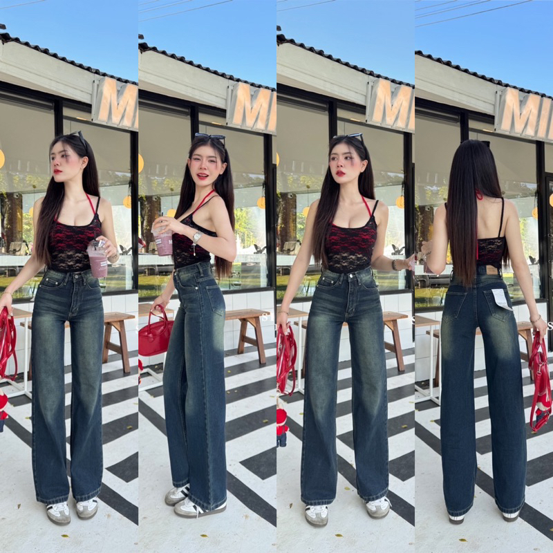 รหัส 9412.1 กางเกงยีนส์กระบอกใหญ่ เอวสูง ผ้าไม่ยืด สีสนิมดาร์กบลู ป้าย Sirinan Studio เสื้อผ้า