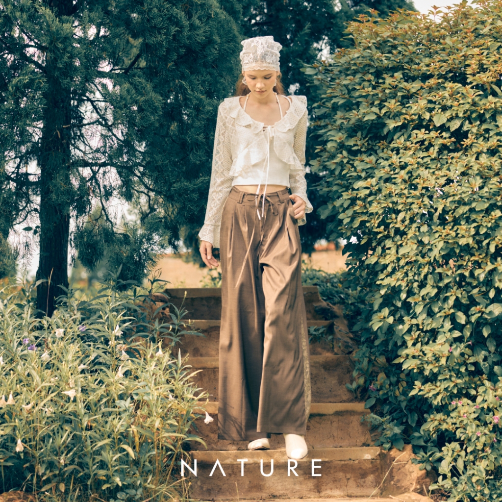 nature.bkk - BTN36218 กางเกงขายาวผ้าลินินลูกไม้แถบข้าง Nature lace linen pants